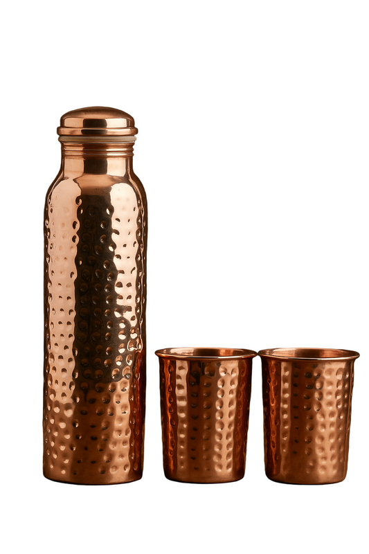 Copper Hammered Bottle & 2 Glass Gift Set - Handcrafted Artisanal Drinkware