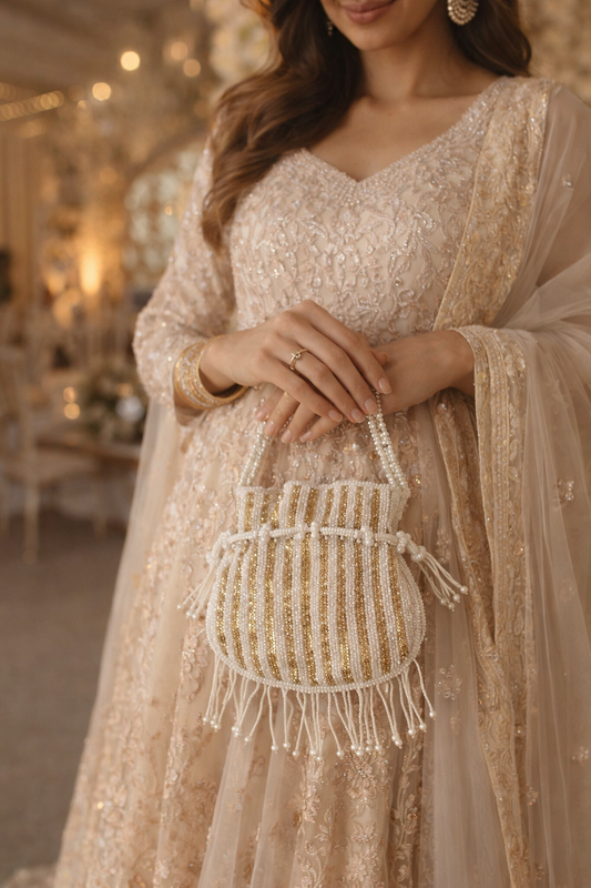 Handcrafted Pearl & Gold Beaded Potli Handbag