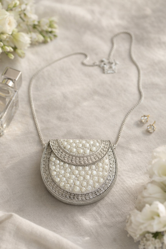 Mini Pearl Embellished Metal Clutch Bag
