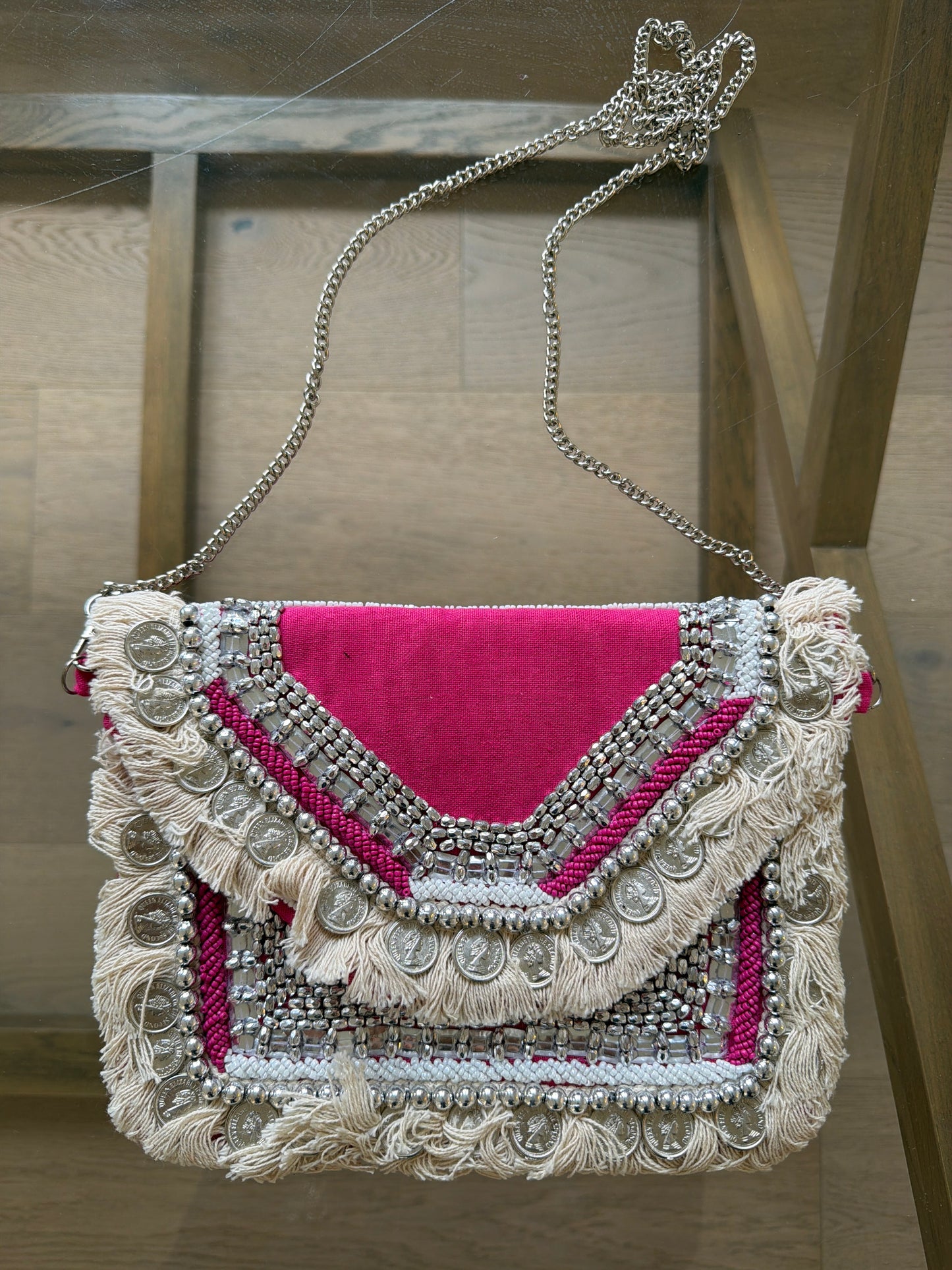 Pink Boho Embellished Clutch Bag with Coin & Fringe Detail – Handmade Crossbody Purse -7