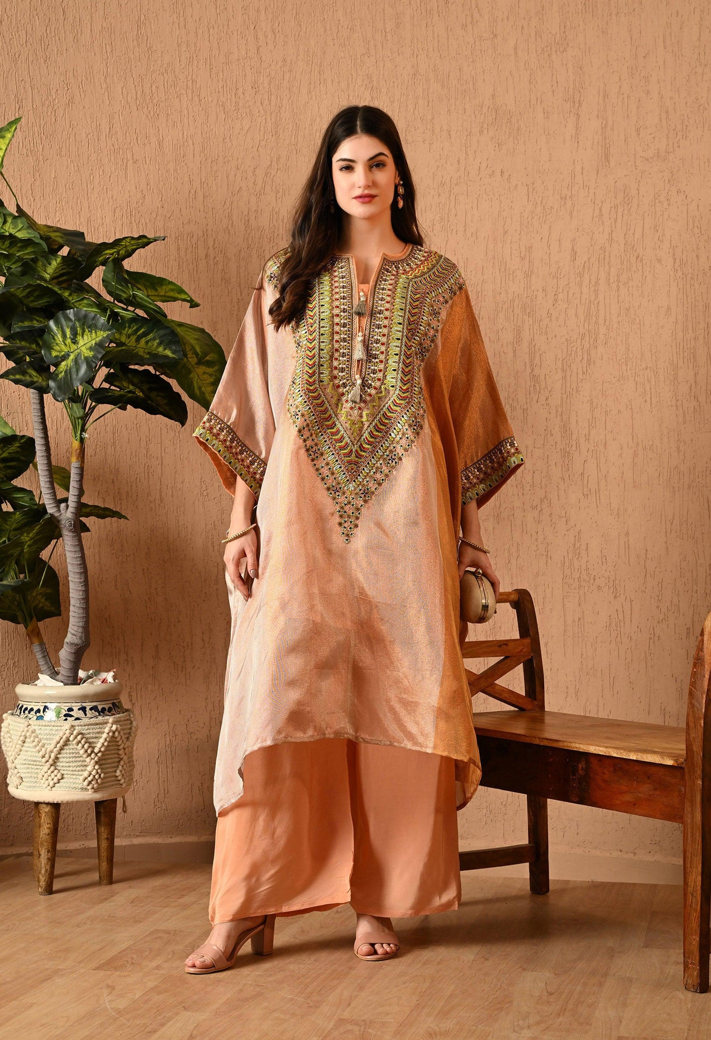 Peach Embroidered Organza Choga