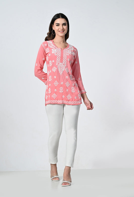 Peach Short Lucknowi Short Kurti