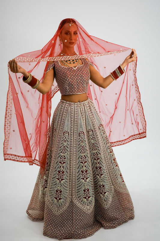 Strawberry Color Embroidered Bridal lehenga