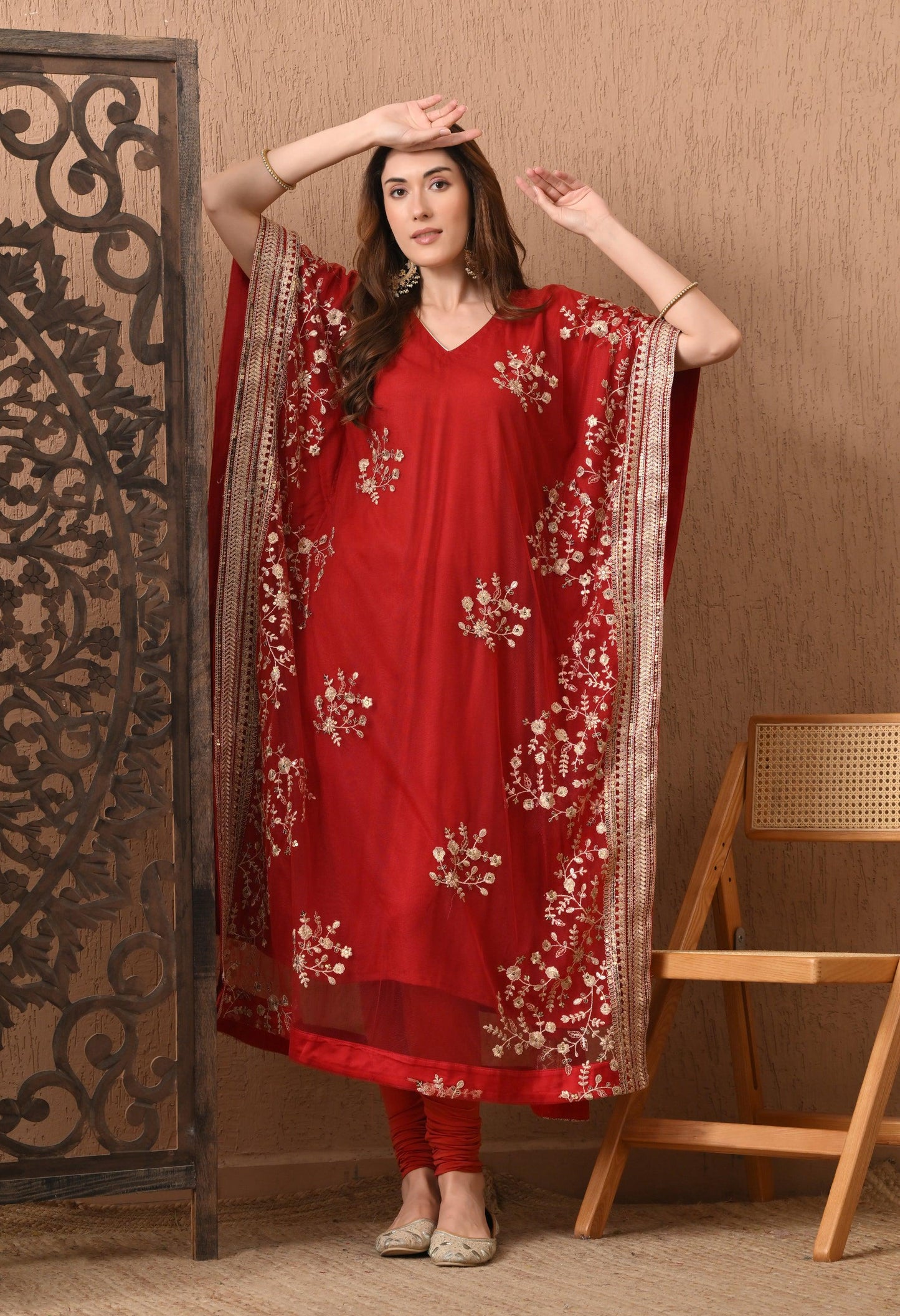Dark Red Embroidered Kaftan Set with Pants