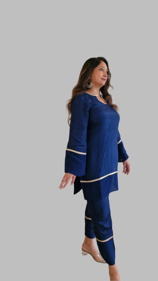 Navy Blue Kurta Set: Silk-Blend with Golden Detailing, Size 38