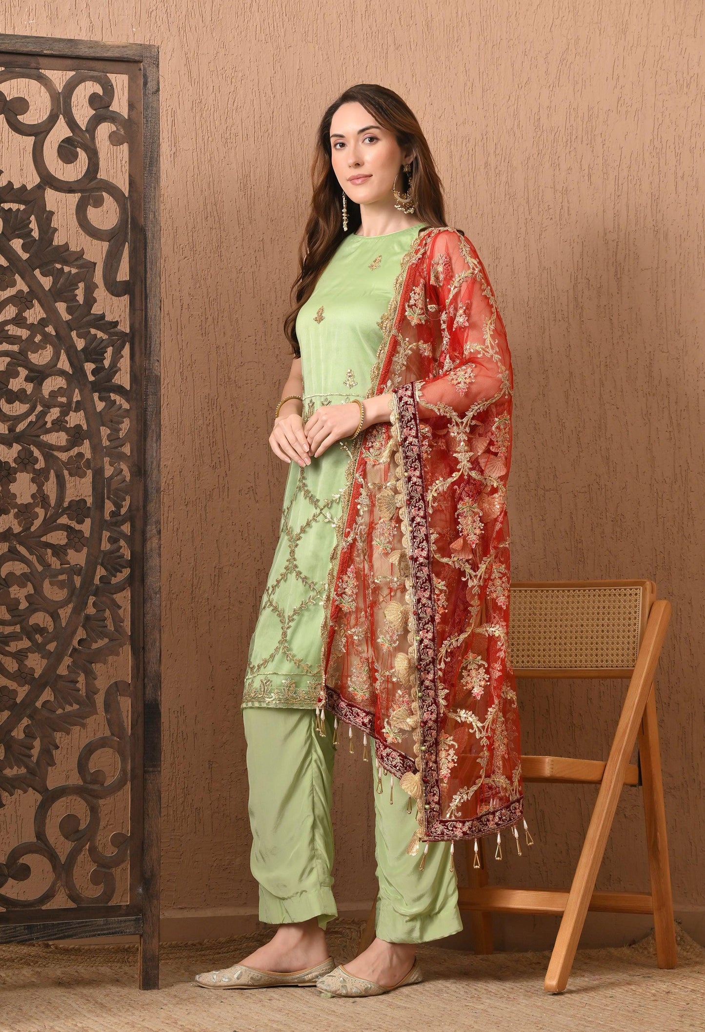 Mint Green Embroidered 3-Piece Pakistani Set with Red Dupatta