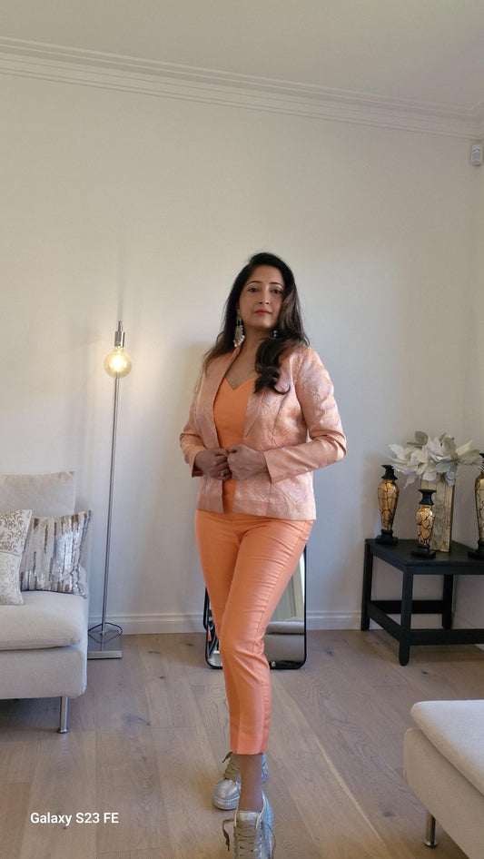 Peach Brocade Jacket Set with Silk Crop Top