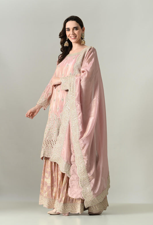 Dusty Pink Silk Suit with Handwork Cutwork & Brocade Sharara