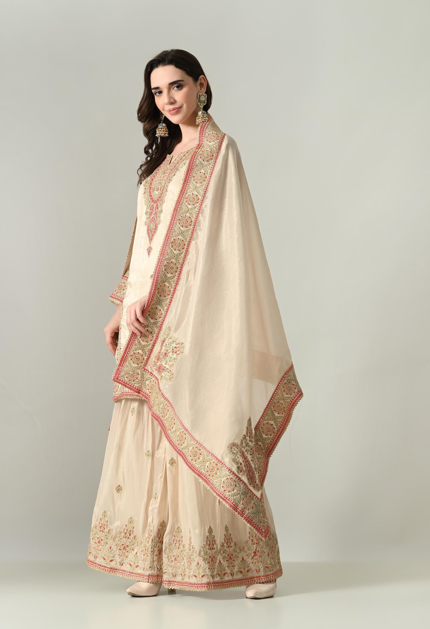 Golden Ivory Tissue Silk Embroidered Suit with Sharara & Dupatta | Size 44