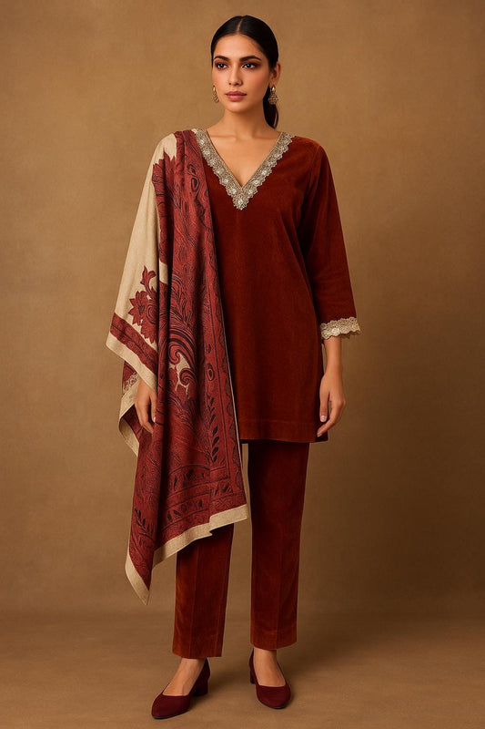 Rust Velvet Indian Outfit with Digital Print Stole | Size 44