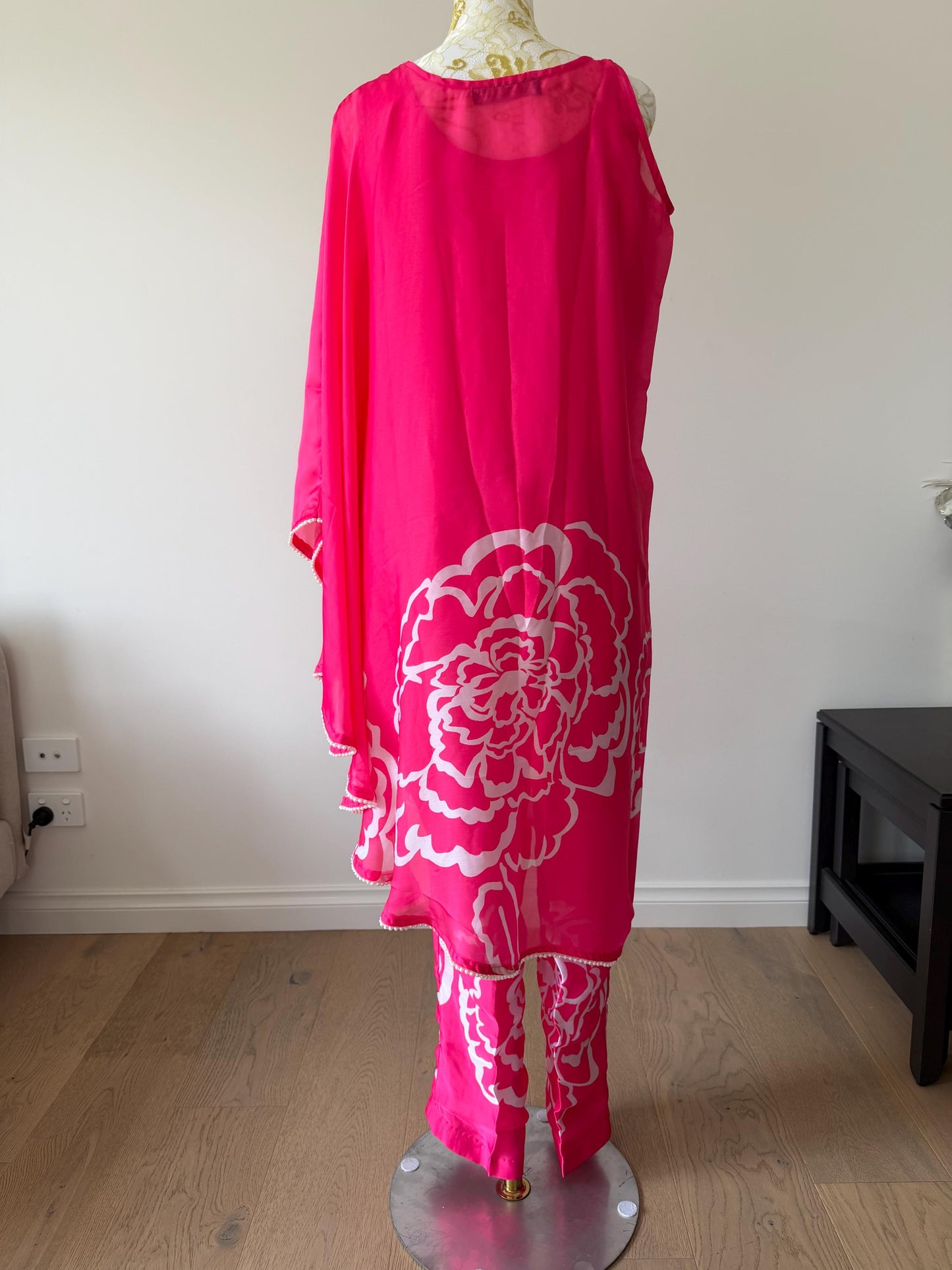 Bright Pink Satin Kaftan Pearl & Lace Detail