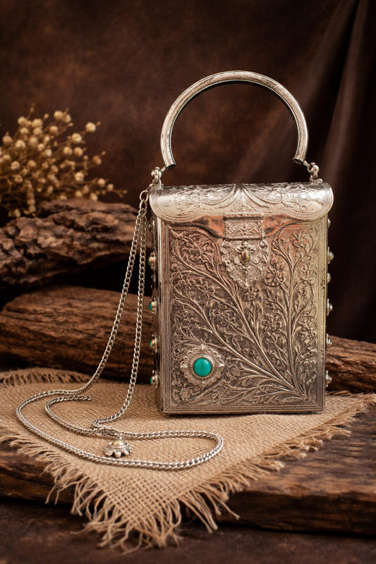 Vintage style Oxidised Silver Metal Clutch Sling