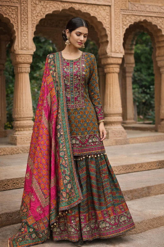 Printed Crepe Sharara Suit with Dupatta | Indian Party Wear | Size 42