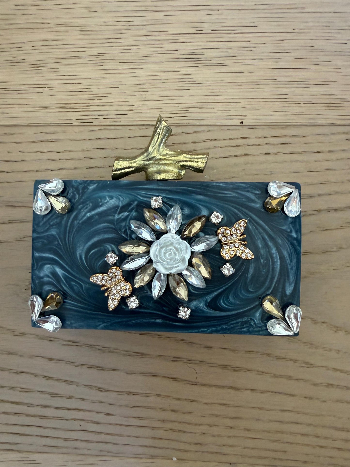 Blue Marble Resin Clutch with Gold Chain
