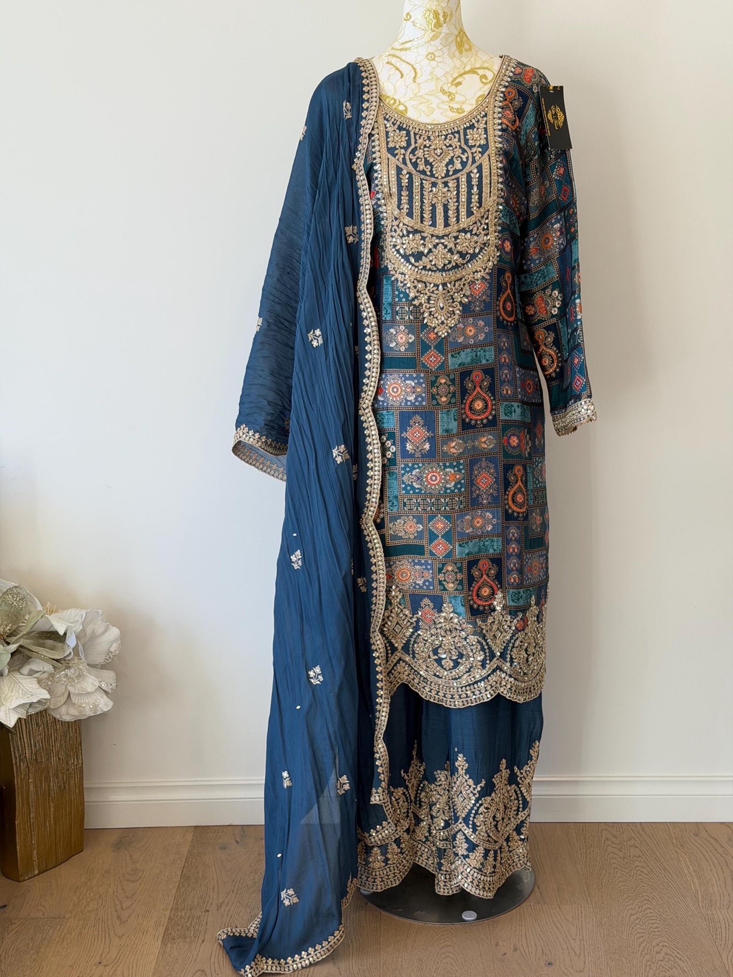 Royal Blue Brocade Kurta Set | Gold Embroidered Dupatta, Indian Wedding Outfit