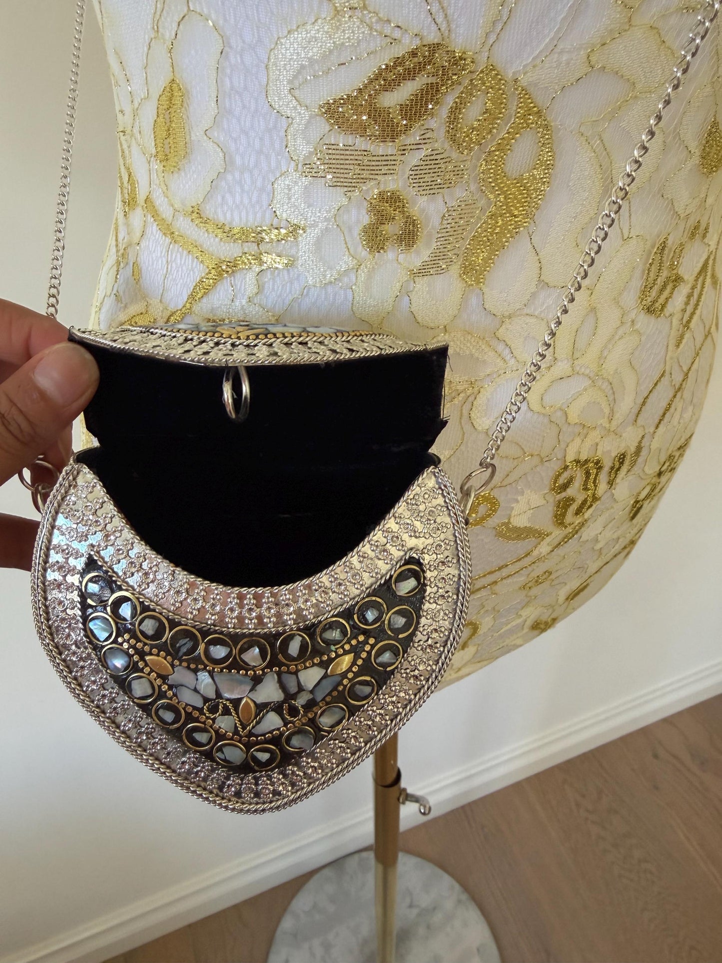 Vintage Mosaic Metal Sling Bag | Boho Mirror Clutch Purse, Evening Bag