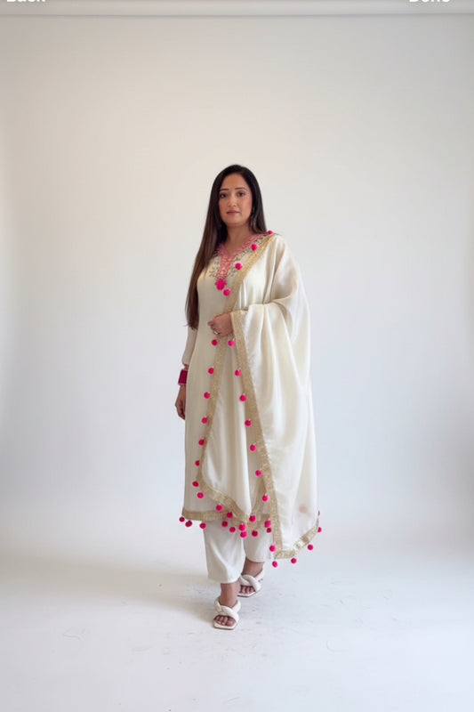 Ivory Silk Kurta Set with Pink Pom Pom Dupatta