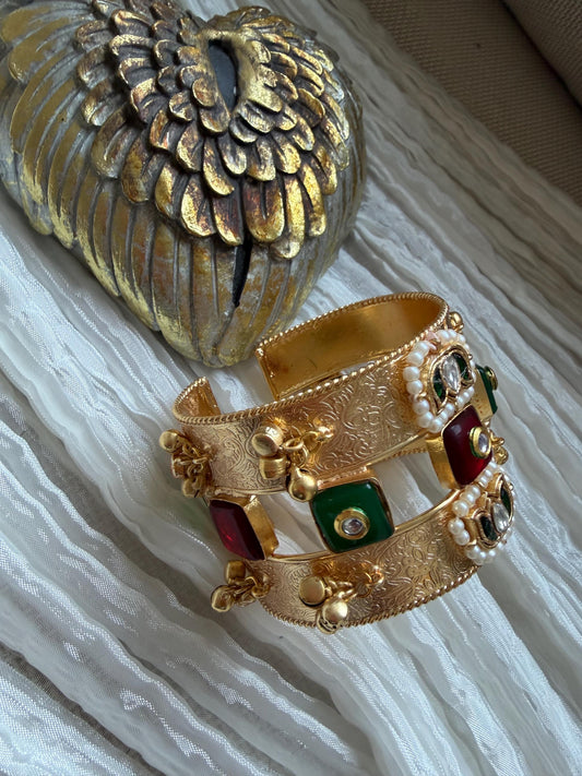 Adjustable Kundan Bangle with Pearls, Ghungroo