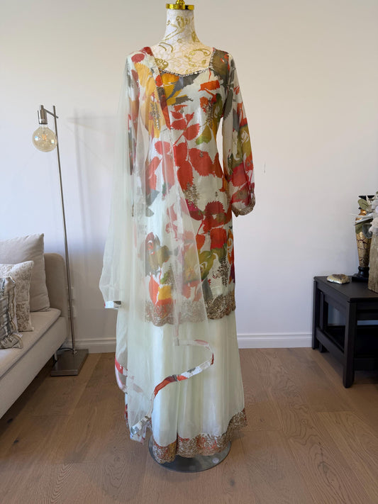 Floral Digital Print Chinon Sharara Suit with Mirror & Embroidery Work
