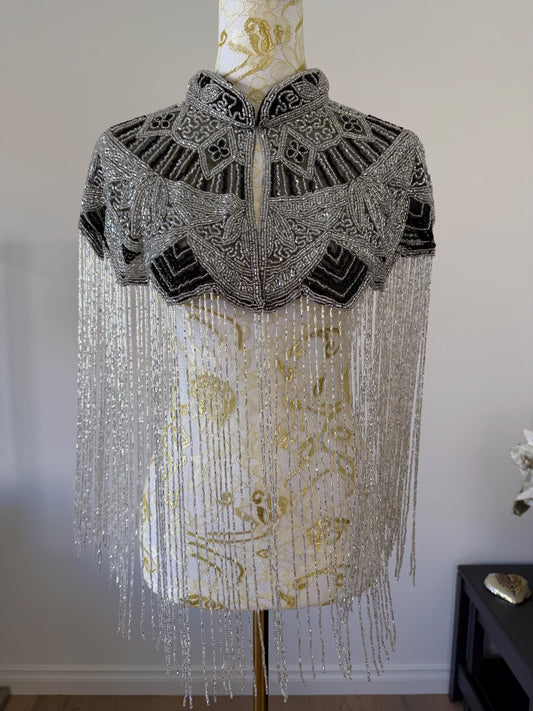 Silver Black Beaded Fringe Capelet