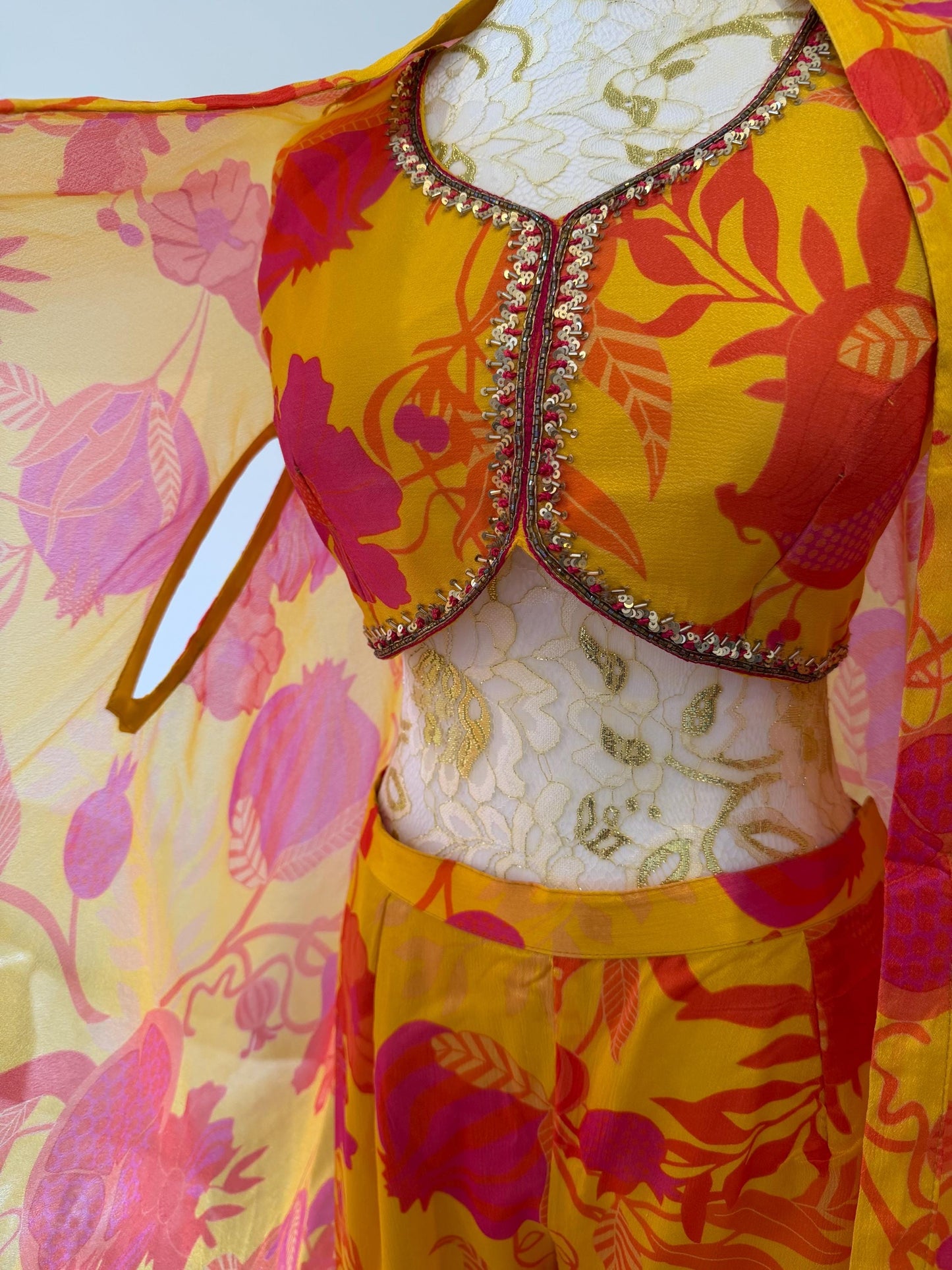 Yellow Pink Floral Chinon Indo Western Co-Ord Set with Cape