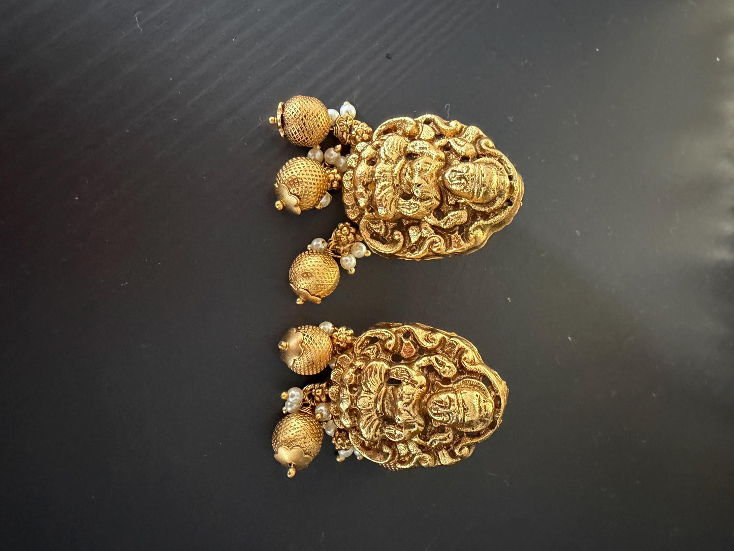 Antique Gold Temple Stud Earrings | Lakshmi Inspired Ethnic Earrings | South Indian Traditional Jewelry | Pearl Drop Temple Studs | Festive