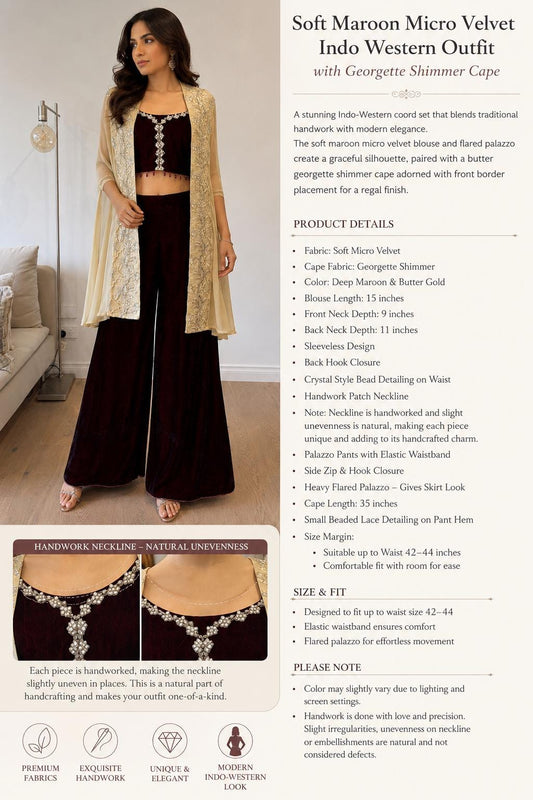 Deep Maroon Velvet Palazzo Set with Georgette Shimmer Cape