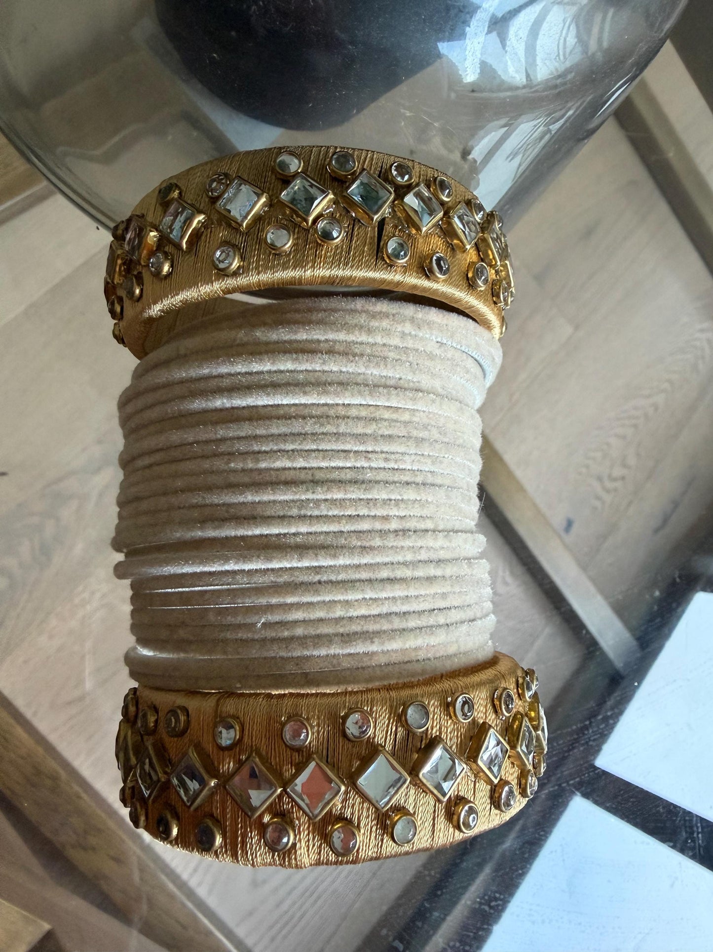 Beige Velvet Bridal Bangles Set with Mirror Work Kadas | Indian Wedding Jewelry