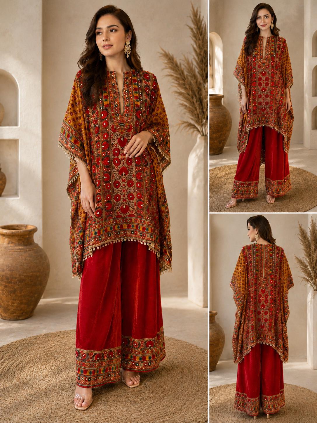 Orange Micro Velvet Kaftan Set with Red Pants | Digital Print, Mirror Work Festive Coord