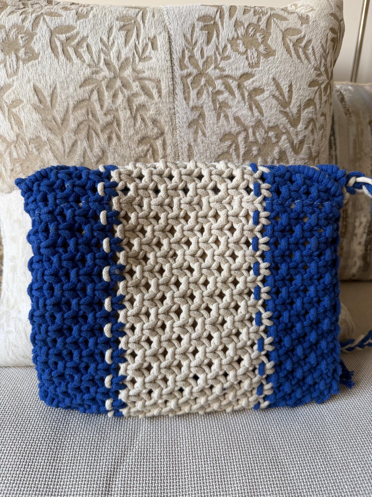 Handmade Macrame Boho Bag | Royal Blue and Ivory