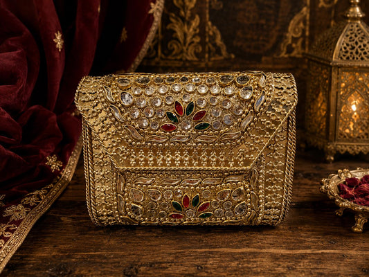 Golden Metal Clutch Bag | 4x4 Crystal Kundan Bridal Evening Purse