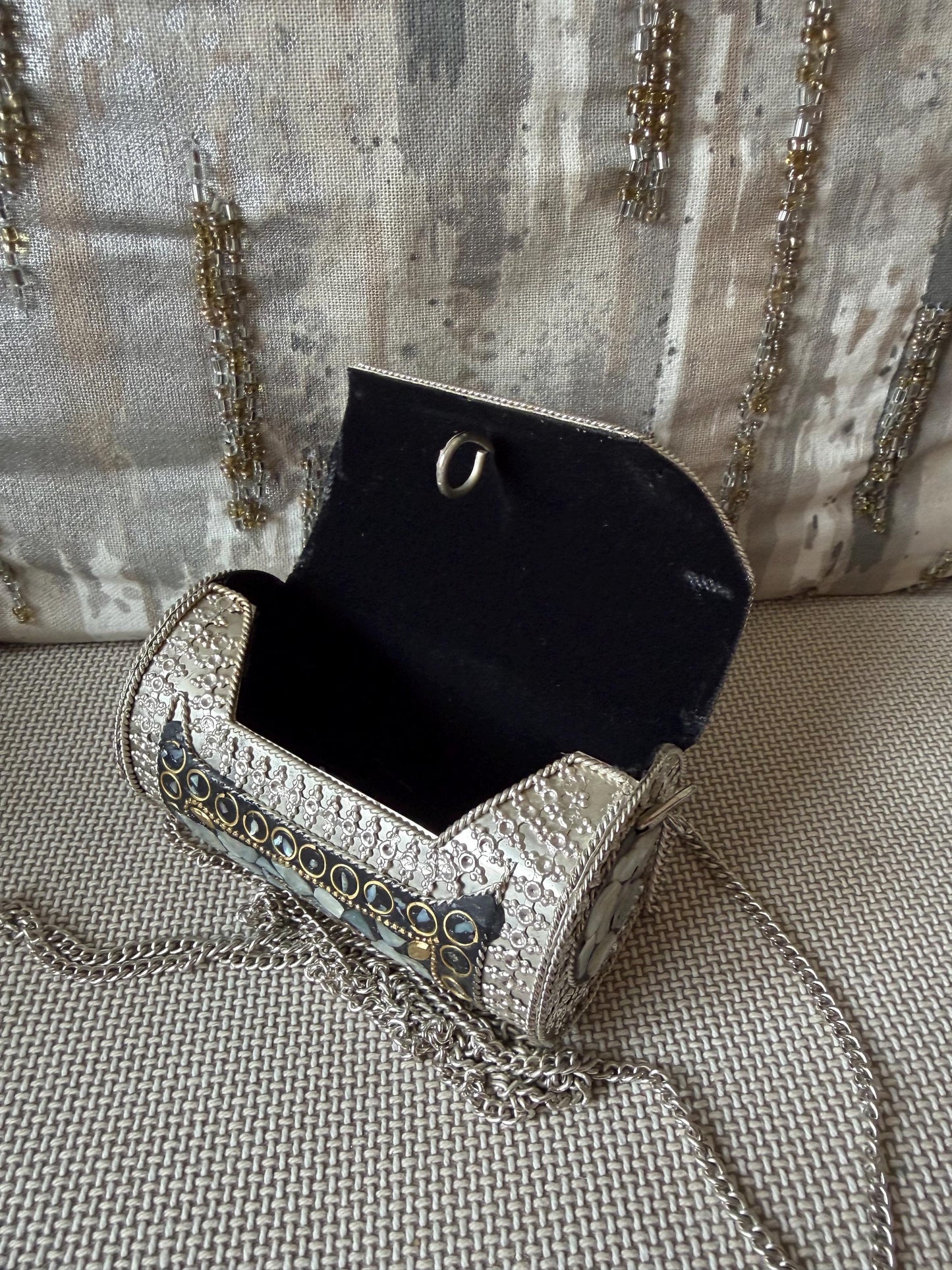 Mosaic Shell Barrel Clutch | Handmade Metallic Evening Purse with Chain Strap