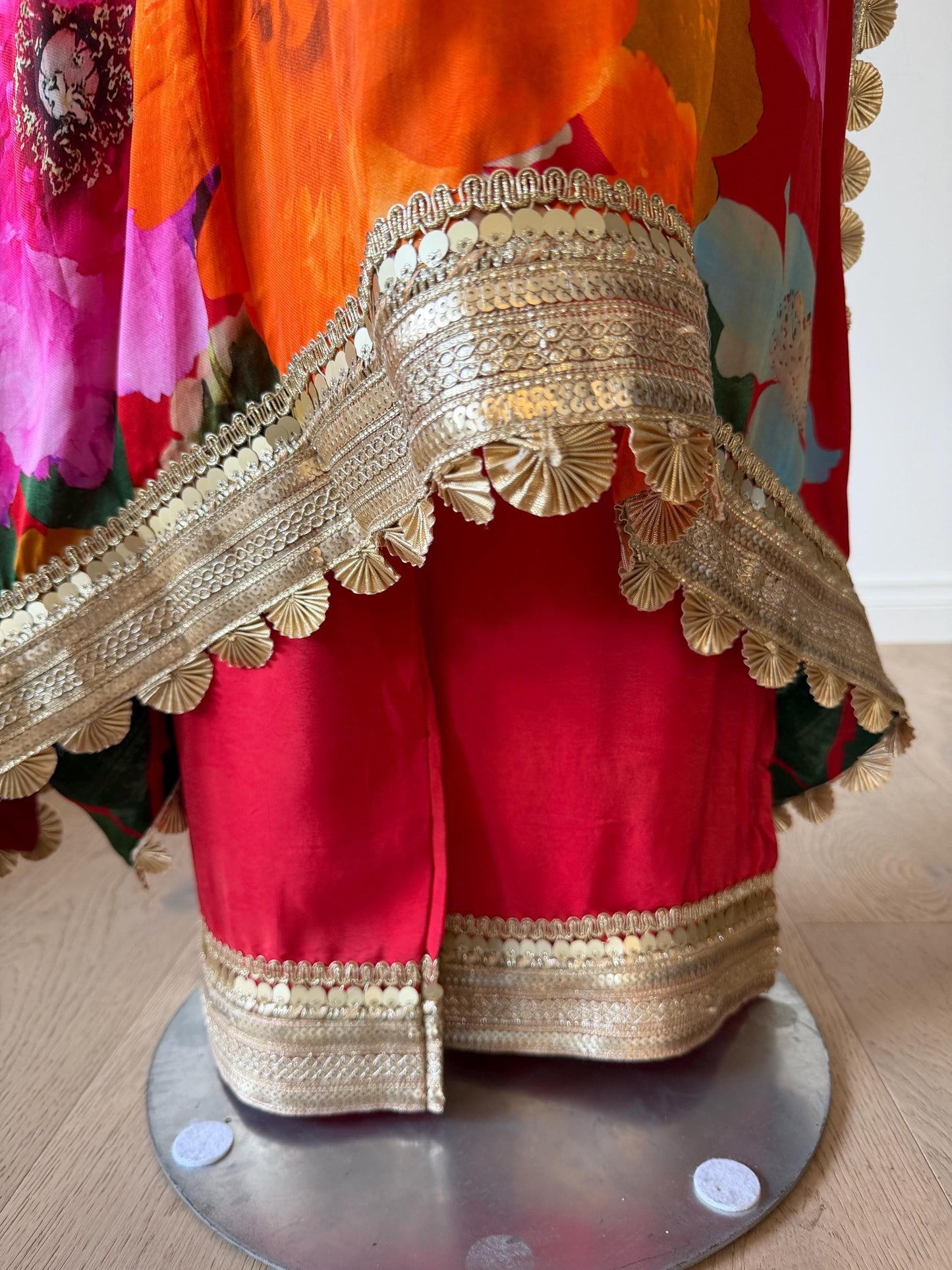 Red Floral Satin Georgette Kaftan Set with Santoon Pants, Resort Wear