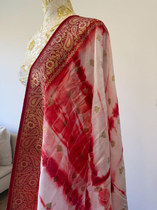 Handmade Red & White Shibori Banarasi Dupatta