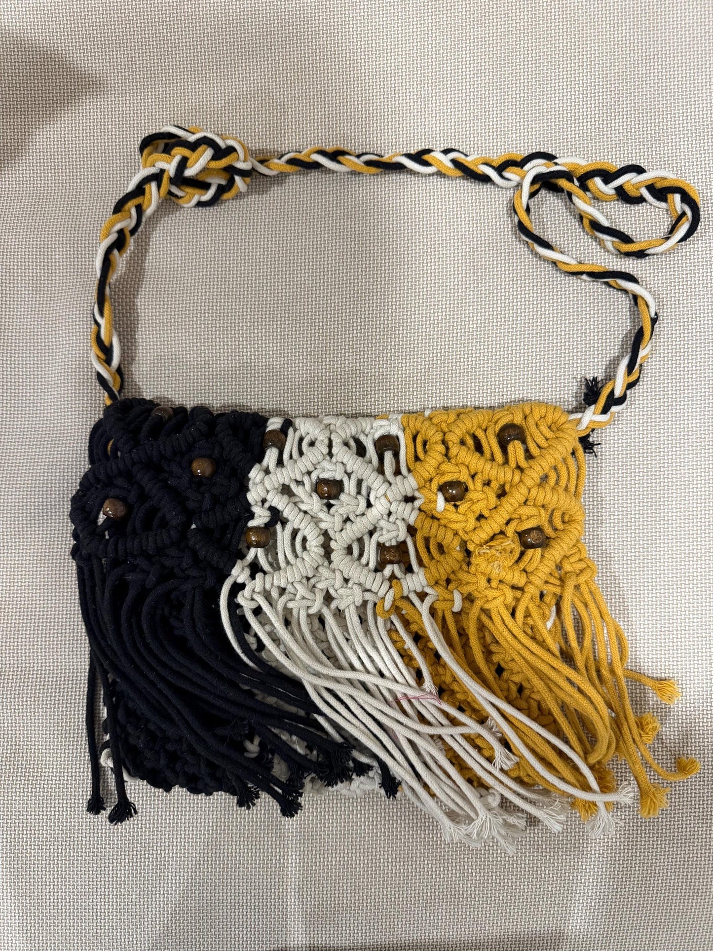 Handmade Boho Macramé Sling Bag | Black White Mustard Crossbody Fringe Purse