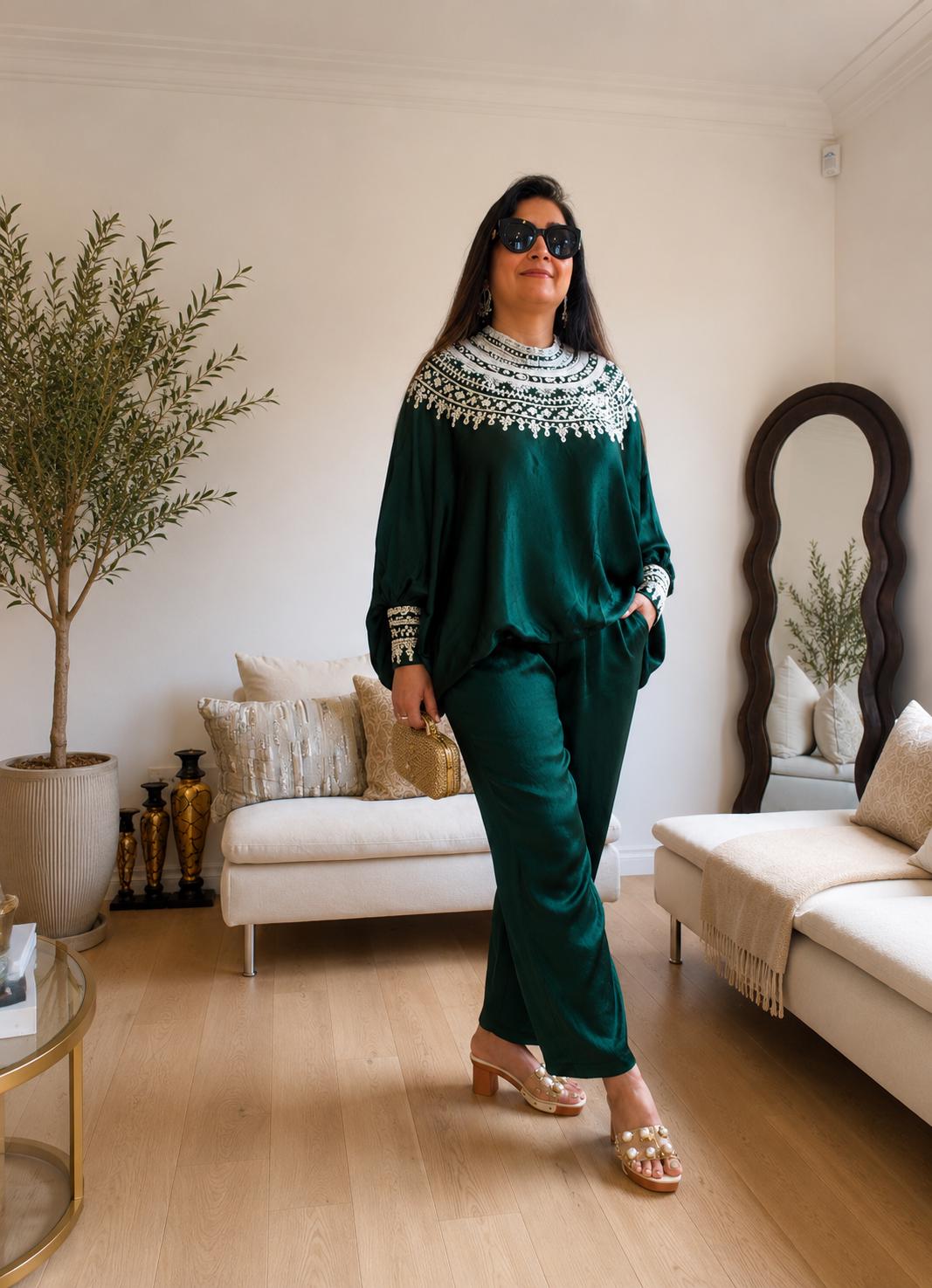 Bottle Green Satin Silk Co-Ord Set