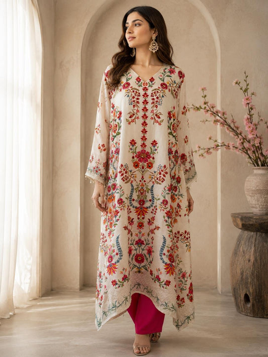 Off White Floral Pakistani Kurta Set