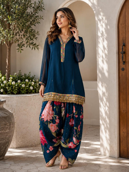 Teal Blue Georgette Farshi Suit