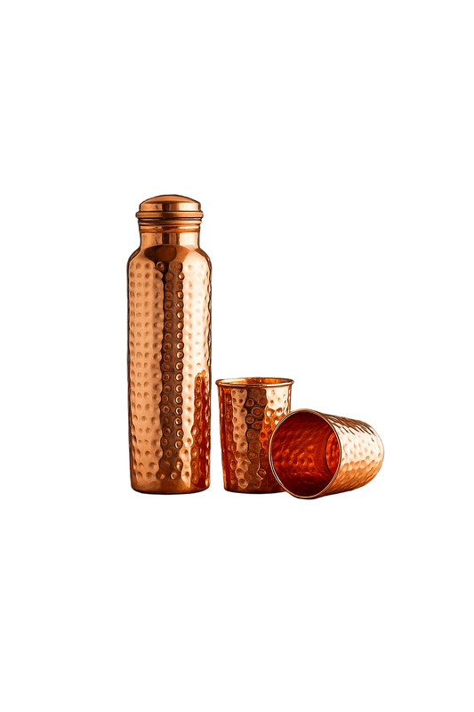 Copper Hammered Bottle & 2 Glass Gift Set - Handcrafted Artisanal Drinkware