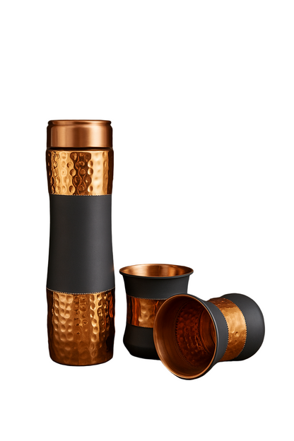 Copper Hammered Bottle & 2 Glass Gift Set - Grey Silk Finish Handcrafted