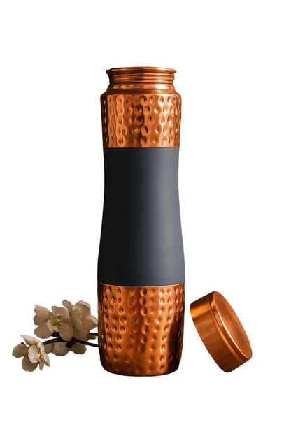 Copper Hammered Bottle & 2 Glass Gift Set - Grey Silk Finish Handcrafted