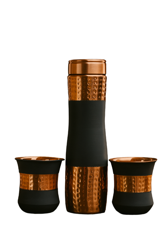 Copper Hammered Bottle & 2 Glass Gift Set - Grey Silk Finish Handcrafted