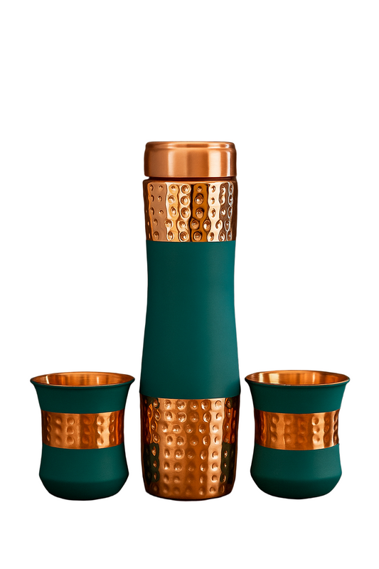 Copper Hammered Bottle & 2 Glass Gift Set - Green Silk Finish Handcrafted
