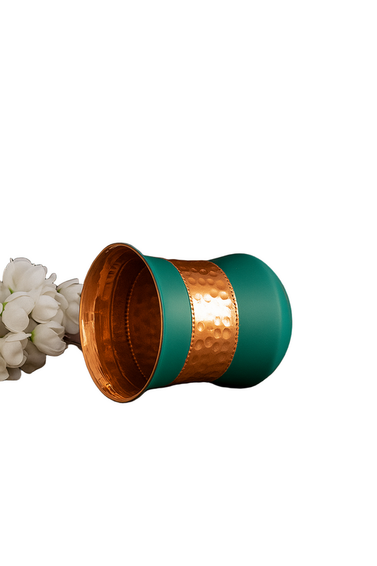 Copper Hammered Bottle & 2 Glass Gift Set - Green Silk Finish Handcrafted