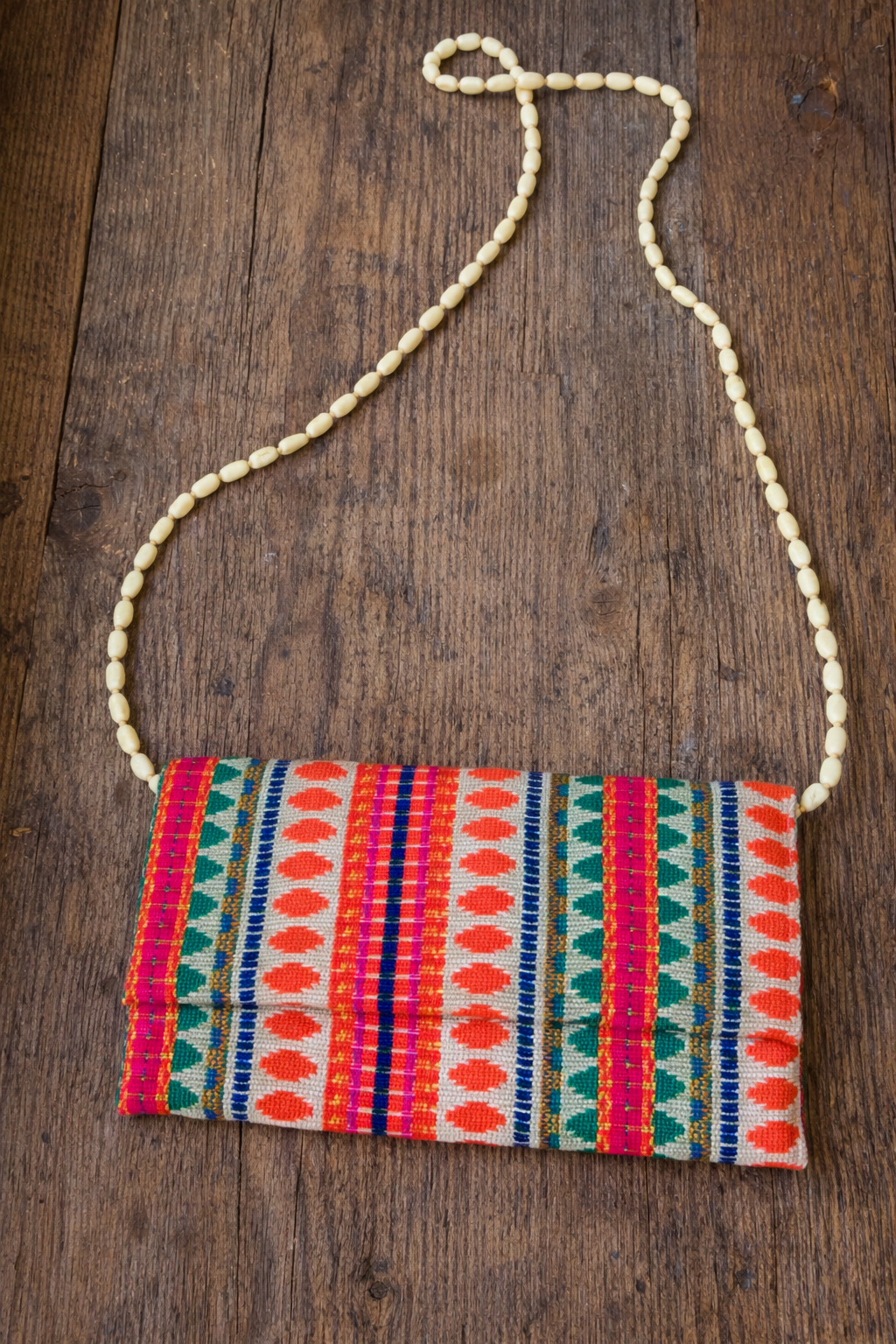 Handwoven Boho Clutch Bag with Beaded Strap – Orange & Pink Ethnic Crossbody Purse