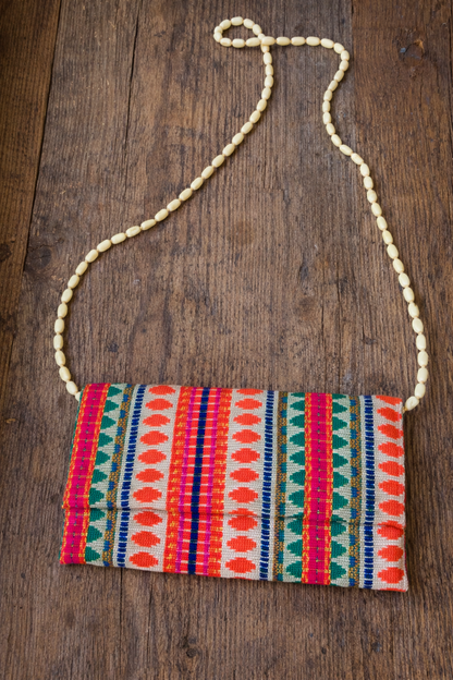 Handwoven Boho Clutch Bag with Beaded Strap – Orange & Pink Ethnic Crossbody Purse