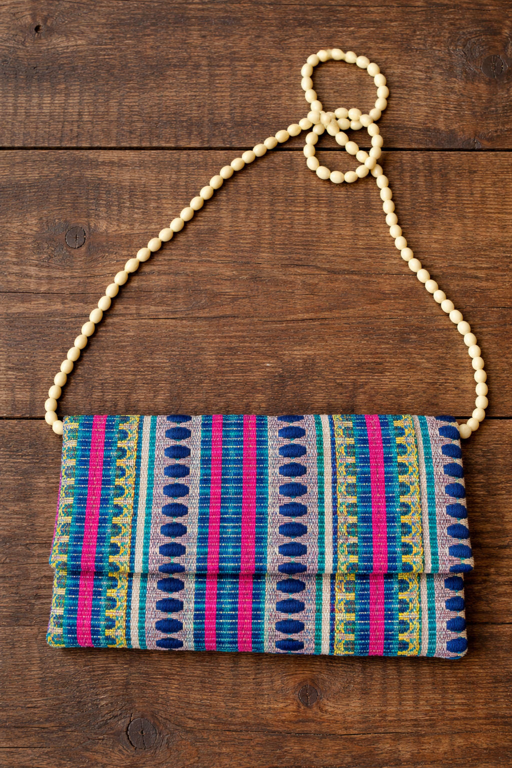 Handwoven Boho Clutch Bag with Beaded Strap – Colorful Ethnic Crossbody Purse
