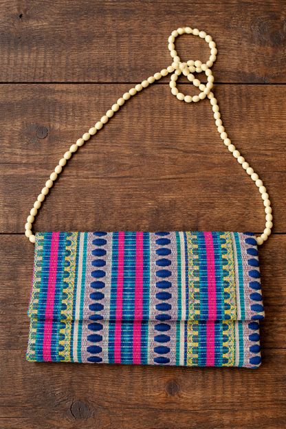 Handwoven Boho Clutch Bag with Beaded Strap – Colorful Ethnic Crossbody Purse