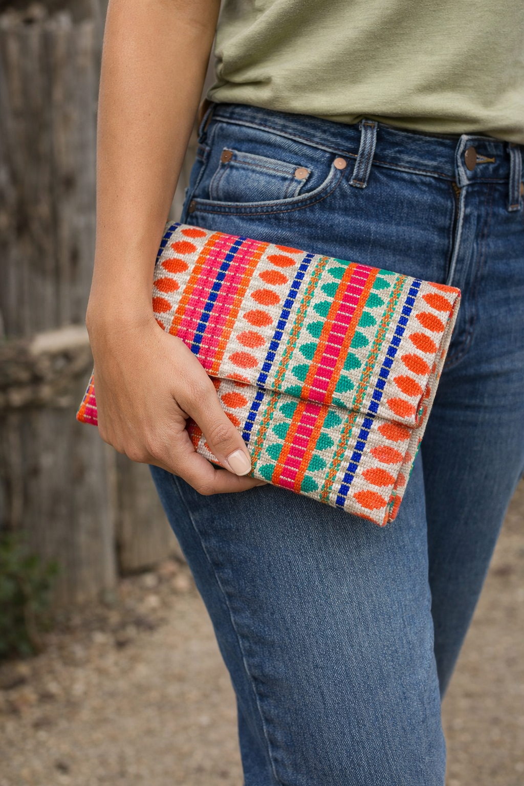 Handwoven Boho Clutch Bag with Beaded Strap – Orange & Pink Ethnic Crossbody Purse