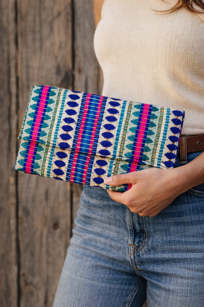Handwoven Boho Clutch Bag with Beaded Strap – Colorful Ethnic Crossbody Purse